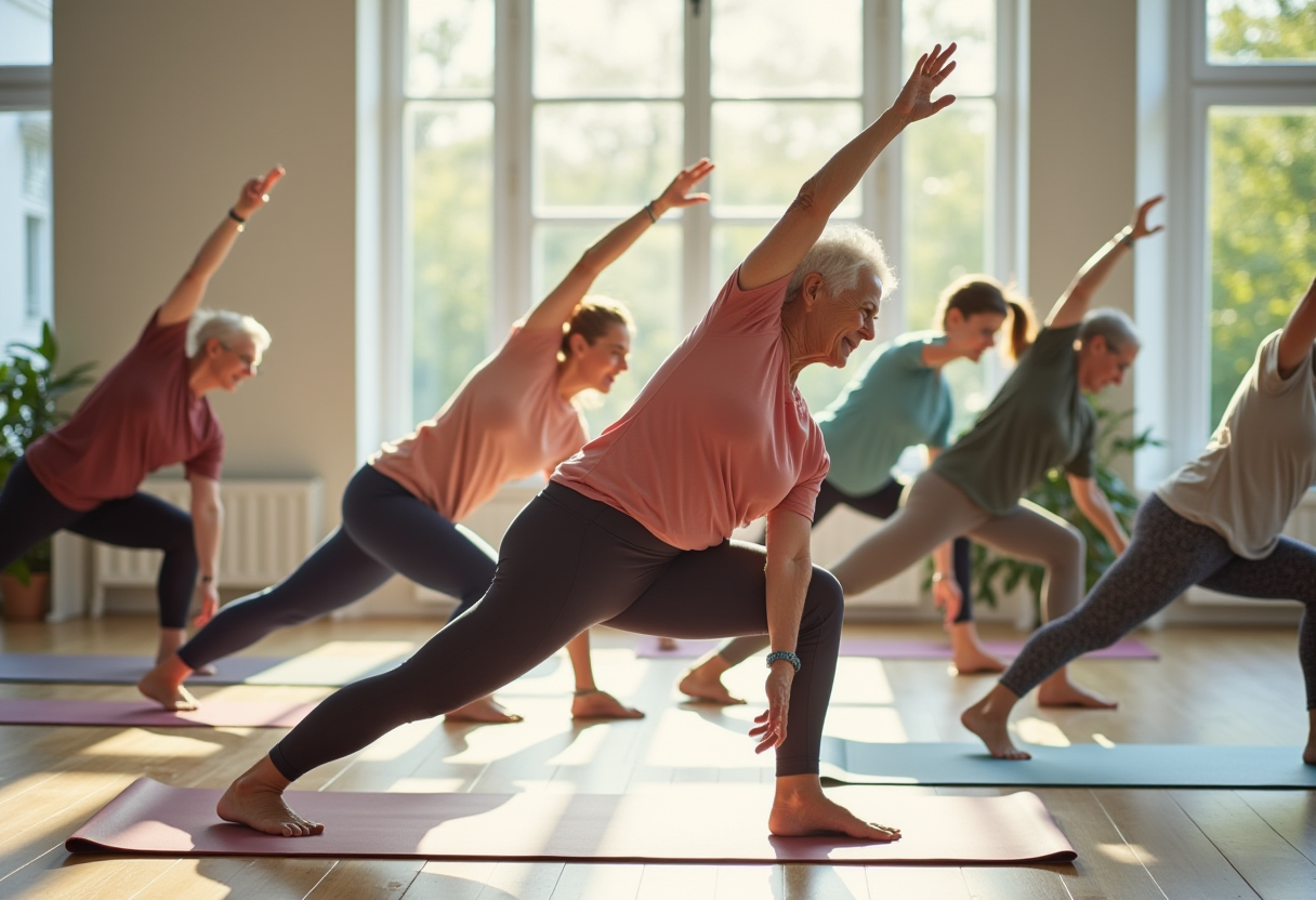 Група людей зрілого віку на занятті йогою у світлій студії